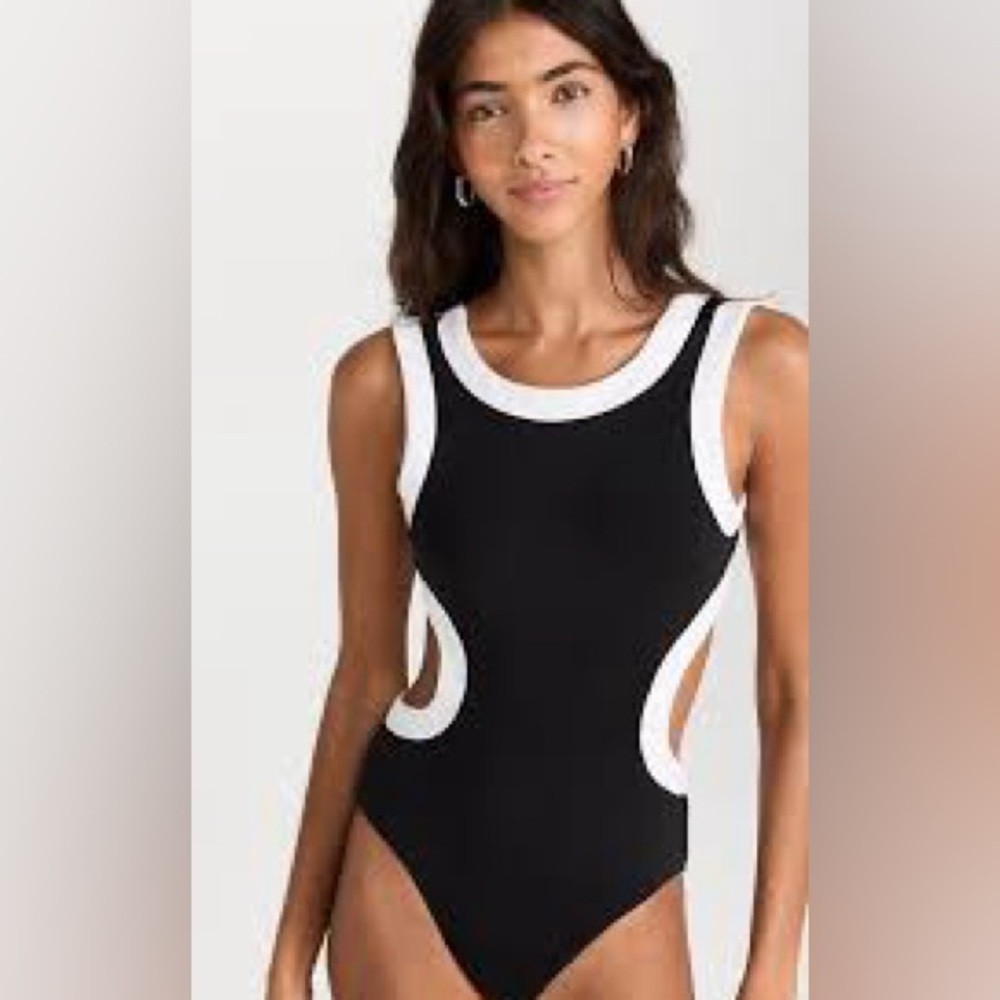 STAUD Black and White One Piece Swimsuit Sporty Color-Blocked Design